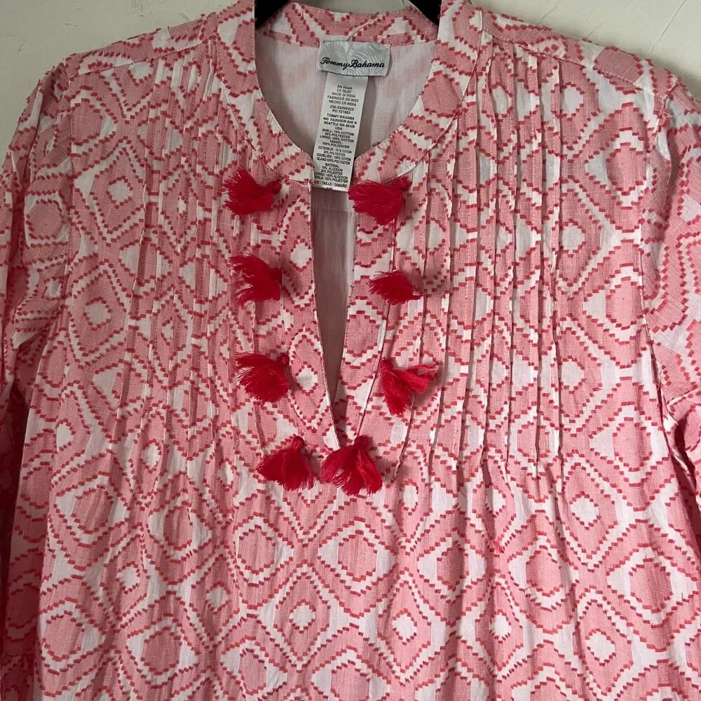 Tommy Bahama Pink Geometric Tassel Cover Up Dress Bell Sleeve Vacation Resort S - Picture 8 of 11